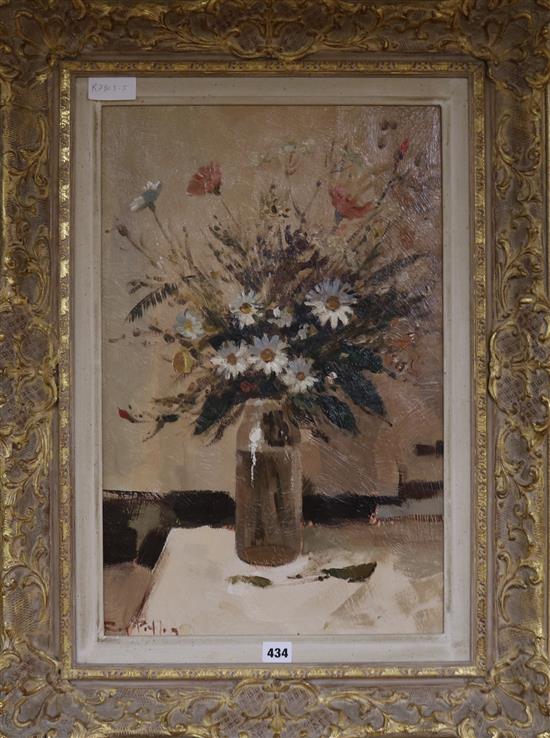 Roy Petley, oil on board, still life of flowers in a vase, signed, 57 x 36cm